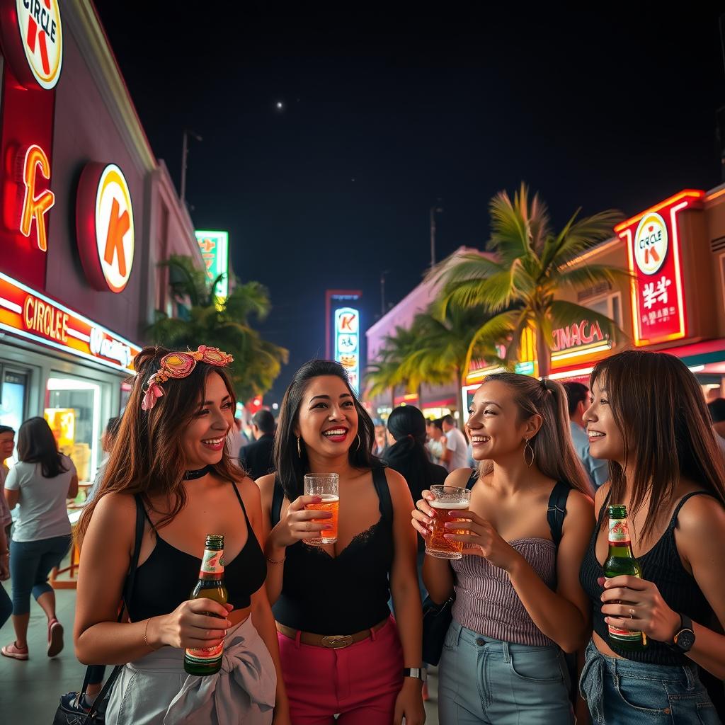 A vibrant outdoor scene at Circle K in Macau at night, featuring several stylish women enjoying drinks and laughter