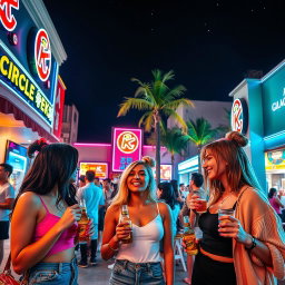 A vibrant outdoor scene at Circle K in Macau at night, featuring several stylish women enjoying drinks and laughter
