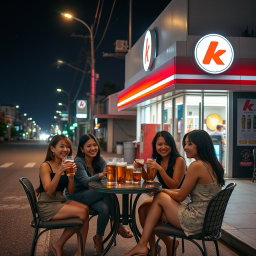 A lively night scene in Taipa featuring a group of women enjoying drinks outdoors at a Circle K convenience store