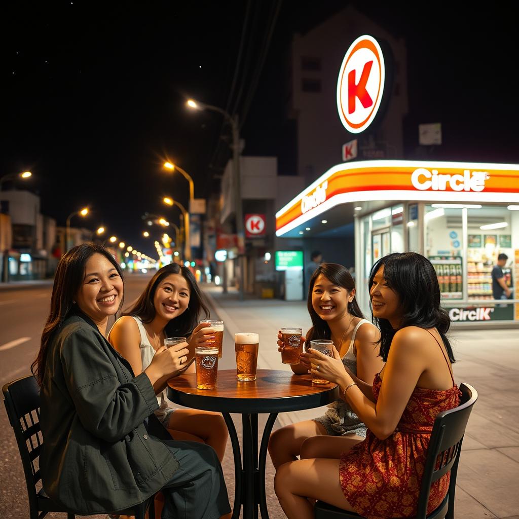 A lively night scene in Taipa featuring a group of women enjoying drinks outdoors at a Circle K convenience store