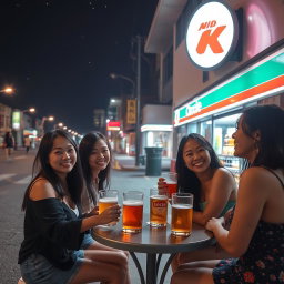 A lively night scene in Taipa featuring a group of women enjoying drinks outdoors at a Circle K convenience store