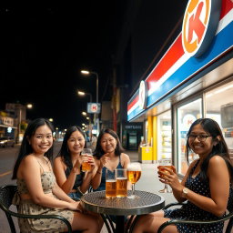A lively night scene in Taipa featuring a group of women enjoying drinks outdoors at a Circle K convenience store