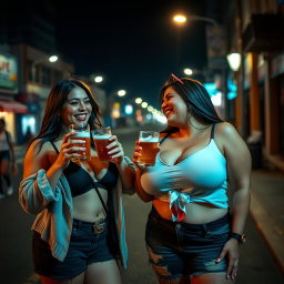 A lively scene of two voluptuous women with big breasts, casually drinking beer outdoors at night
