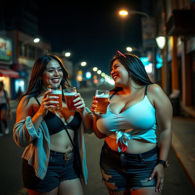 A lively scene of two voluptuous women with big breasts, casually drinking beer outdoors at night