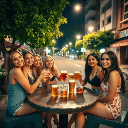 A lively outdoor scene set in Taipa at night, featuring a group of attractive women with prominent figures enjoying beers together