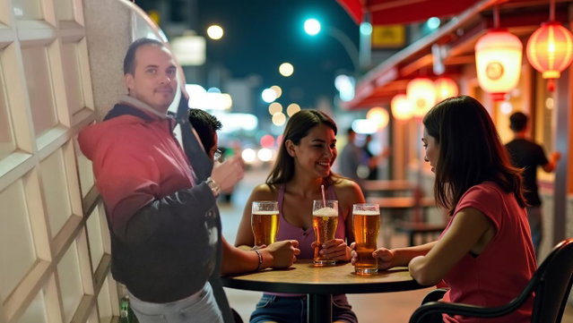 A lively outdoor scene at night, featuring a group of friends enjoying beer outside a convenience store in Taipa