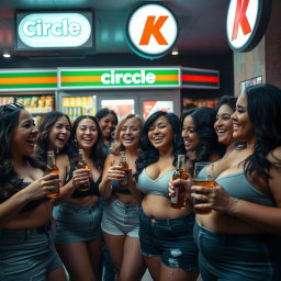 A lively Circle K convenience store atmosphere at night filled with a group of confident women, all with curvy figures and large breasts, joyfully enjoying their drinks