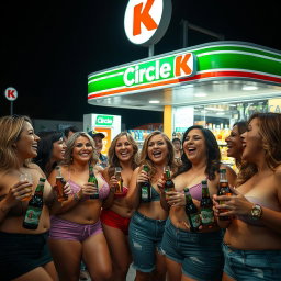 A lively Circle K convenience store atmosphere at night filled with a group of confident women, all with curvy figures and large breasts, joyfully enjoying their drinks