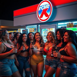 A lively Circle K convenience store atmosphere at night filled with a group of confident women, all with curvy figures and large breasts, joyfully enjoying their drinks