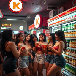 A vibrant scene inside a Circle K convenience store at night, filled with Asian women with large breasts, enjoying and laughing while drinking beer