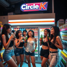 A vibrant scene inside a Circle K convenience store at night, filled with Asian women with large breasts, enjoying and laughing while drinking beer
