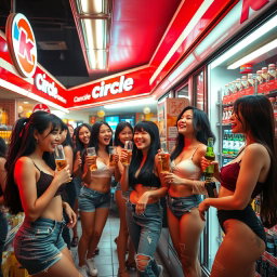 A vibrant scene inside a Circle K convenience store at night, filled with Asian women with large breasts, enjoying and laughing while drinking beer