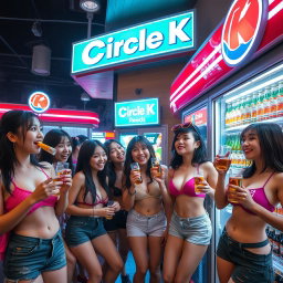 A vibrant scene inside a Circle K convenience store at night, filled with Asian women with large breasts, enjoying and laughing while drinking beer
