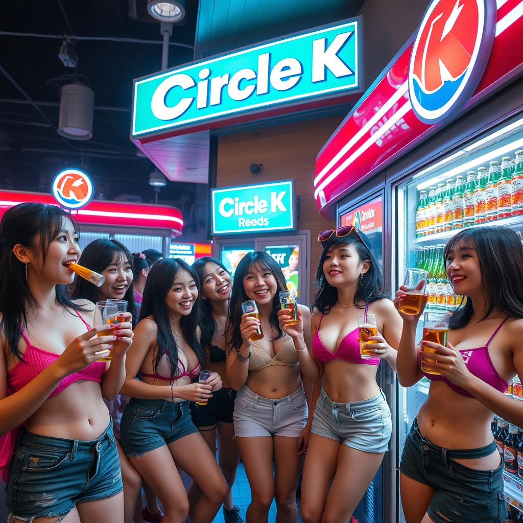 A vibrant scene inside a Circle K convenience store at night, filled with Asian women with large breasts, enjoying and laughing while drinking beer