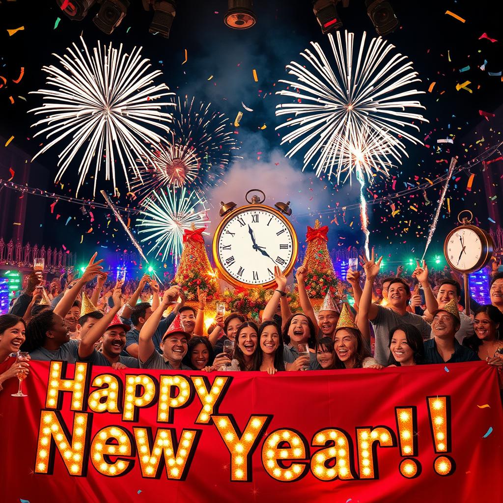A vibrant and festive New Year's celebration scene, filled with joy and excitement