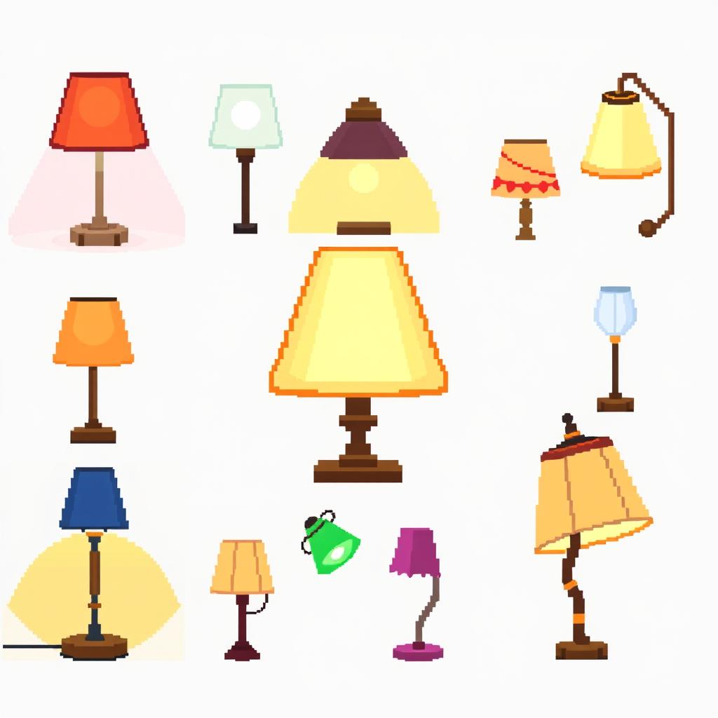 A pixel art spritesheet depicting various designs of a table lamp