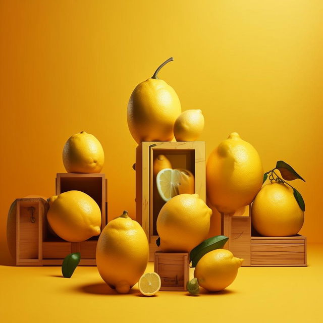 A surrealistic image of a series of nested boxes, starting from a tiniest one and progressively getting bigger, with the outermost container being a large and vibrant lemon.