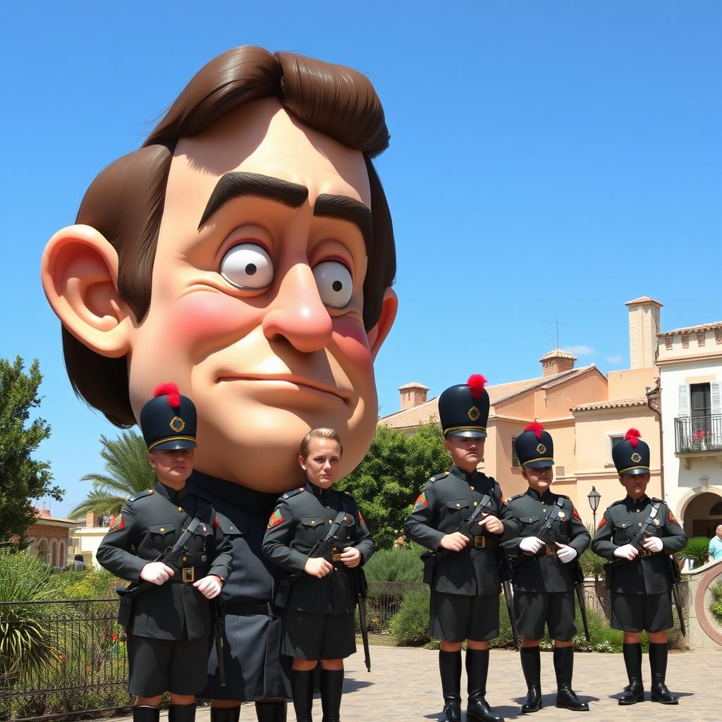 A whimsical scene of a giant cartoonish figure with an oversized head, humorously monitoring a group of stern-looking Civil Guard officers in their traditional uniforms