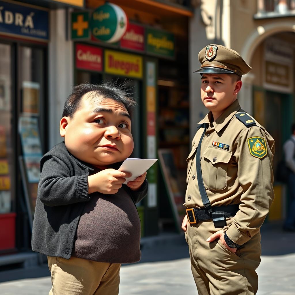 A short, plump person with a large head is seen attempting to bribe a Civil Guard officer