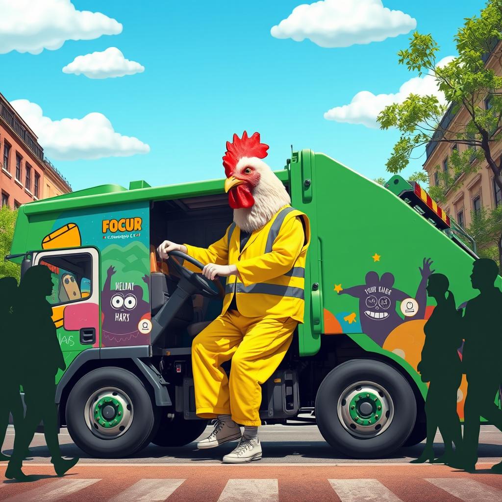 A surreal scene featuring a man with a chicken head driving a garbage truck