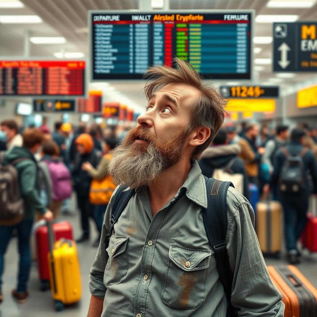 A short, disheveled man with a scruffy beard and a slightly stained shirt stands in a chaotic airport scene, looking frantically at the departure boards