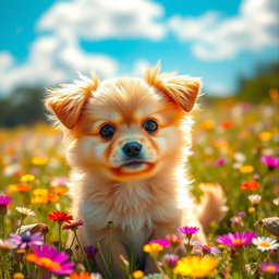 A most adorable and attractive dog, featuring a fluffy golden coat, big sparkling blue eyes, and a playful expression