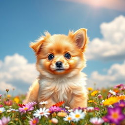 A most adorable and attractive dog, featuring a fluffy golden coat, big sparkling blue eyes, and a playful expression