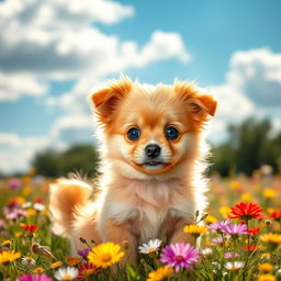 A most adorable and attractive dog, featuring a fluffy golden coat, big sparkling blue eyes, and a playful expression
