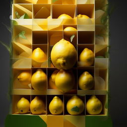 A surrealistic image of a series of nested boxes, starting from a tiniest one and progressively getting bigger, with the outermost container being a large and vibrant lemon.