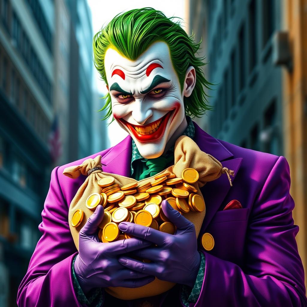 A captivating and realistic portrayal of a Joker character wearing a vibrant purple suit, exuding a sly yet friendly smile
