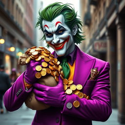 A captivating and realistic portrayal of a Joker character wearing a vibrant purple suit, exuding a sly yet friendly smile