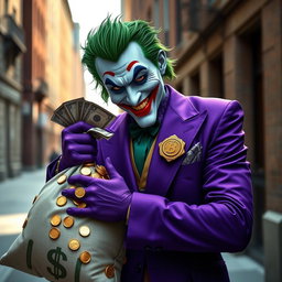 A captivating and realistic portrayal of a Joker character wearing a vibrant purple suit, exuding a sly yet friendly smile
