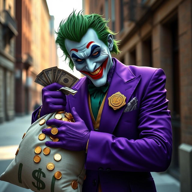 A captivating and realistic portrayal of a Joker character wearing a vibrant purple suit, exuding a sly yet friendly smile