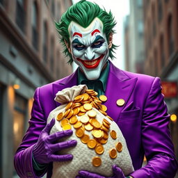 A captivating and realistic portrayal of a Joker character wearing a vibrant purple suit, exuding a sly yet friendly smile