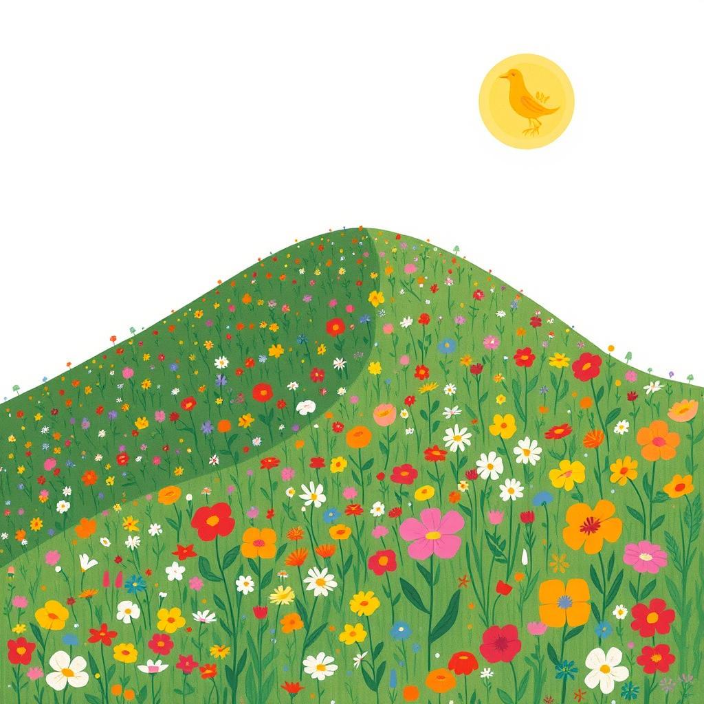 In spring, one side of a hill is covered with a stunning array of wildflowers in full bloom, showcasing a beautiful and vibrant landscape