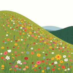 In spring, one side of a hill is covered with a stunning array of wildflowers in full bloom, showcasing a beautiful and vibrant landscape