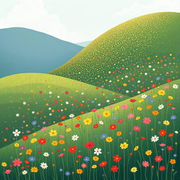 In spring, one side of a hill is covered with a stunning array of wildflowers in full bloom, showcasing a beautiful and vibrant landscape