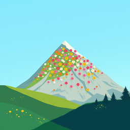 In spring, a beautiful mountain landscape with one side covered in vibrant, blooming flowers of various colors including pinks, yellows, and whites