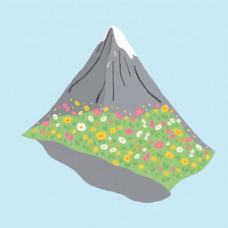 In spring, a beautiful mountain landscape with one side covered in vibrant, blooming flowers of various colors including pinks, yellows, and whites