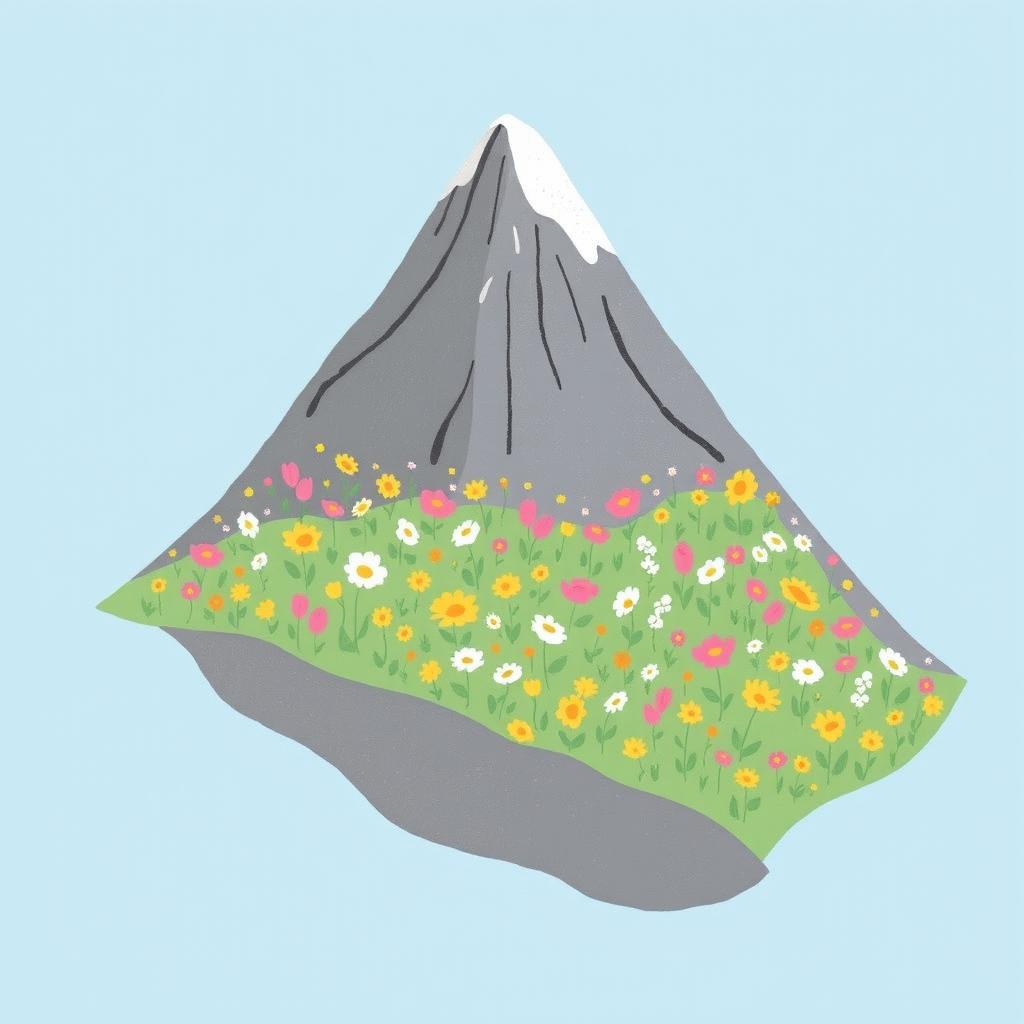 In spring, a beautiful mountain landscape with one side covered in vibrant, blooming flowers of various colors including pinks, yellows, and whites