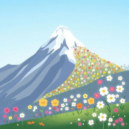 In spring, a beautiful mountain landscape with one side covered in vibrant, blooming flowers of various colors including pinks, yellows, and whites