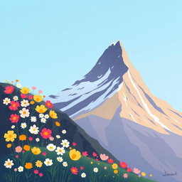 In spring, a beautiful mountain landscape with one side covered in vibrant, blooming flowers of various colors including pinks, yellows, and whites