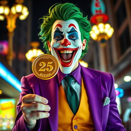 A hyper-realistic depiction of a Joker character dressed in a stylish purple suit, radiating joy and excitement