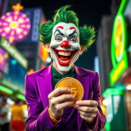 A hyper-realistic depiction of a Joker character dressed in a stylish purple suit, radiating joy and excitement