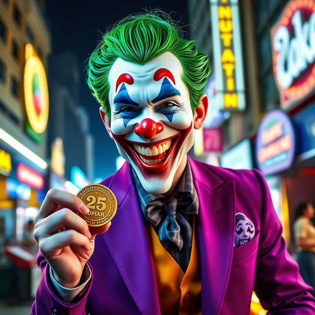 A hyper-realistic depiction of a Joker character dressed in a stylish purple suit, radiating joy and excitement