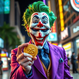 A hyper-realistic depiction of a Joker character dressed in a stylish purple suit, radiating joy and excitement