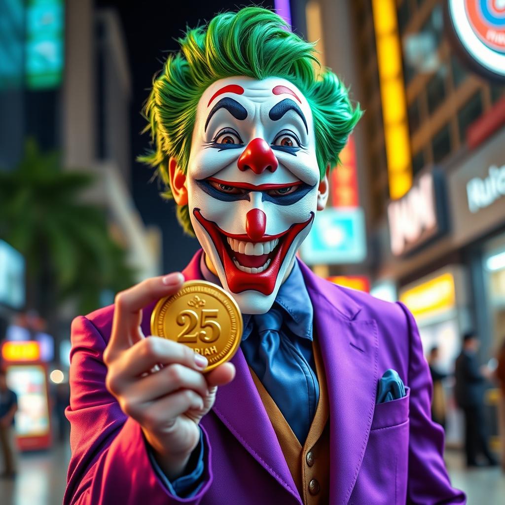 A hyper-realistic depiction of a Joker character dressed in a stylish purple suit, radiating joy and excitement