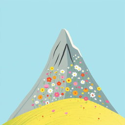 In spring, one side of a majestic mountain is adorned with an array of colorful blooming flowers, showcasing an enchanting display of hues such as pinks, yellows, and whites