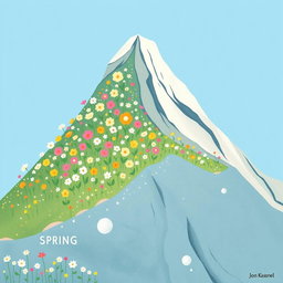 In spring, one side of a majestic mountain is adorned with an array of colorful blooming flowers, showcasing an enchanting display of hues such as pinks, yellows, and whites