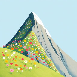 In spring, one side of a majestic mountain is adorned with an array of colorful blooming flowers, showcasing an enchanting display of hues such as pinks, yellows, and whites